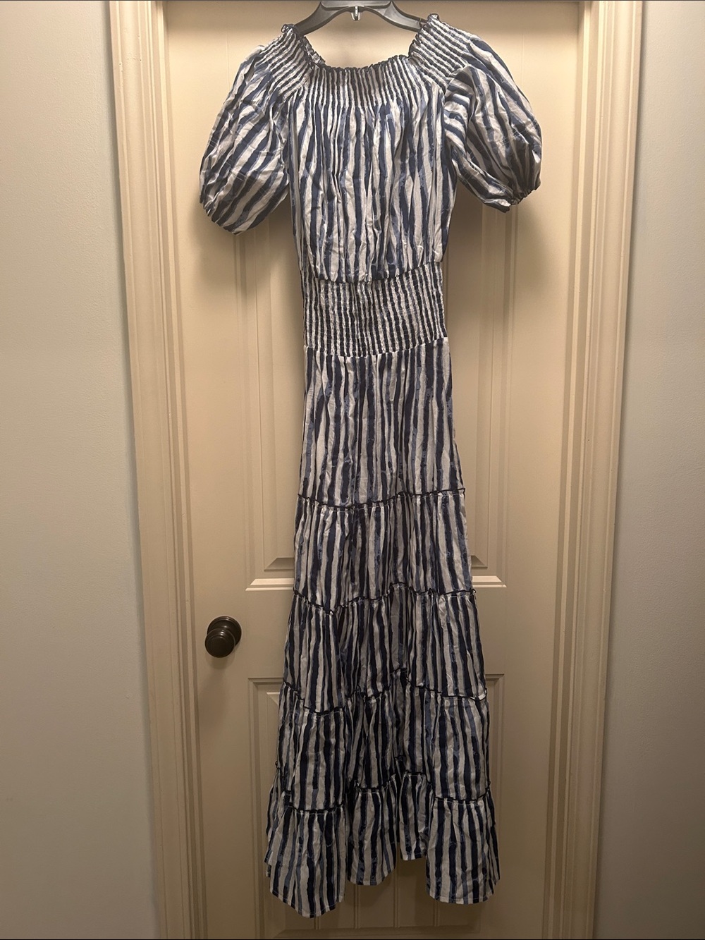 Striped Blue and White Puff-Sleeve Maxi Dress